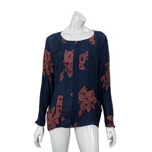 NO. 6 Store Women's 100% Silk Navy Red floral Bloues long sleeve sz 3 made in US